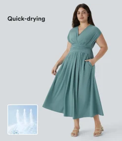 Flowy Dresses|Plus Size<HALARA Breezeful™ V Neck Short Sleeve Pocket Tie Back Quick Dry Midi Casual Plus Size Dress