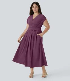 Flowy Dresses|Plus Size<HALARA Breezeful™ V Neck Short Sleeve Pocket Tie Back Quick Dry Midi Casual Plus Size Dress