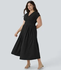 Flowy Dresses|Plus Size<HALARA Breezeful™ V Neck Short Sleeve Pocket Tie Back Quick Dry Midi Casual Plus Size Dress