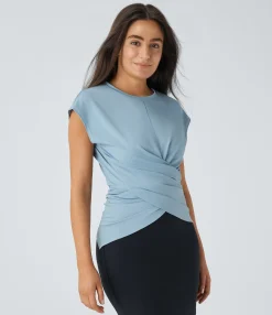 Work Tops|Shirts Blouses<HALARA Cap Sleeve Crossover Hem Adjustable Work Top