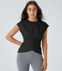 Work Tops|Shirts Blouses<HALARA Cap Sleeve Crossover Hem Adjustable Work Top