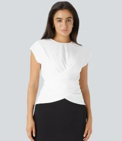 Work Tops|Shirts Blouses<HALARA Cap Sleeve Crossover Hem Adjustable Work Top