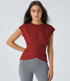 Work Tops|Shirts Blouses<HALARA Cap Sleeve Crossover Hem Adjustable Work Top