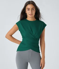 Work Tops|Shirts Blouses<HALARA Cap Sleeve Crossover Hem Adjustable Work Top