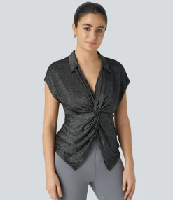 Work Tops|Shirts Blouses<HALARA Cap Sleeve Metallic Glitter Work Blouse