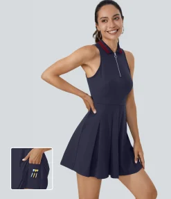 Active Dresses|Dresses<HALARA Collar Half Zip 2-Piece Pocket Pleated Golf Active Dress-Golf Tee Pocket