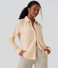 Shirts Blouses|Casual Tops<HALARA Collar Long Sleeve Curved Hem Relaxed Casual Linen-Feel Shirt
