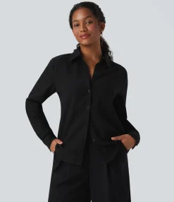 Shirts Blouses|Casual Tops<HALARA Collar Long Sleeve Curved Hem Relaxed Casual Linen-Feel Shirt