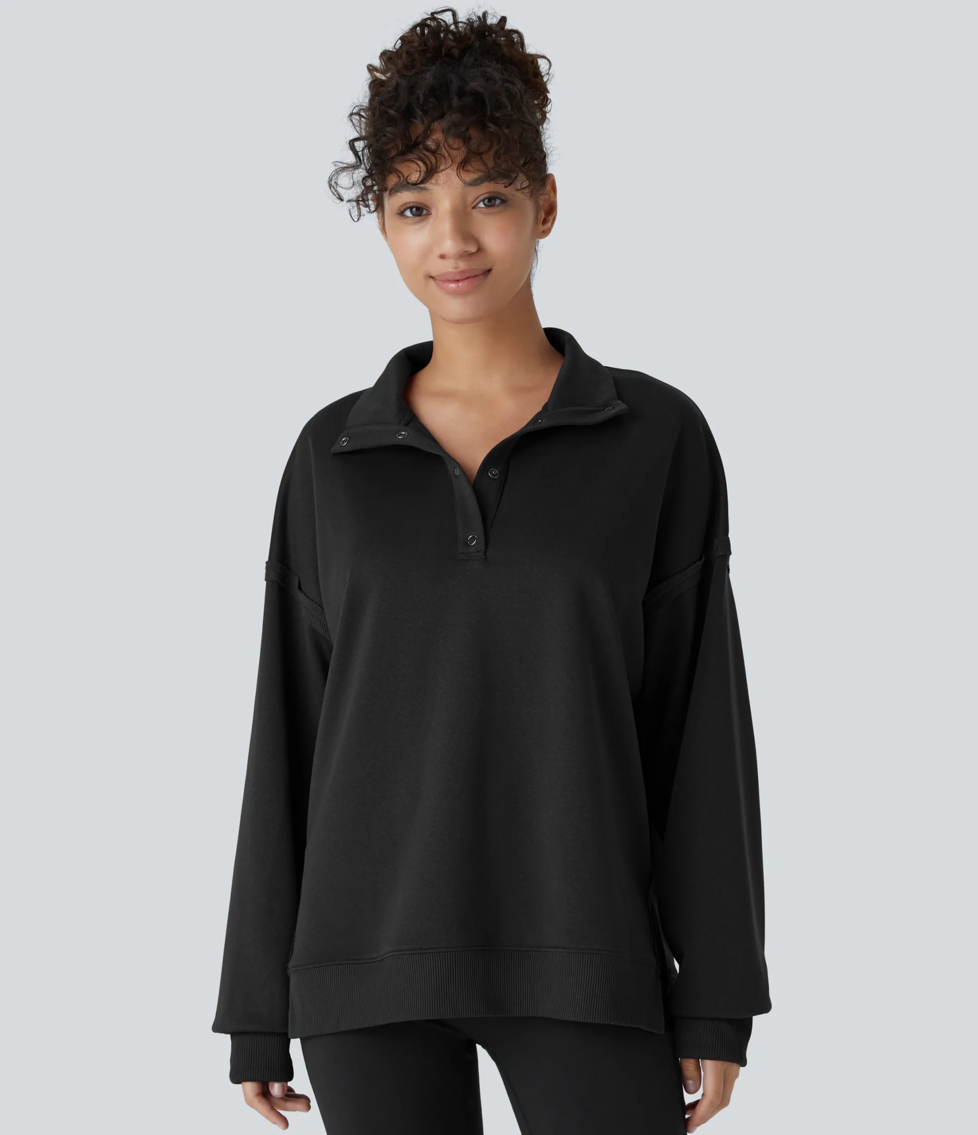 Sweatshirts & Hoodies<HALARA Collar Snap Dropped Shoulder Long Sleeve Hem Casual Sweatshirt