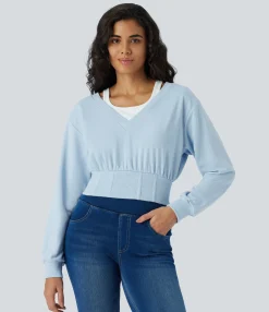 Sweatshirts & Hoodies<HALARA Color Block Long Sleeve Corset Cropped Casual Sweatshirt