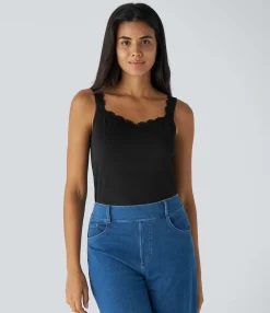 Casual Tops|Tank Tops & Camis<HALARA Contrast Lace Basic Casual Tank Top