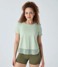 Yoga Tops|Sports Tops<HALARA Contrast Mesh Crossover Hem Yoga Sports Top