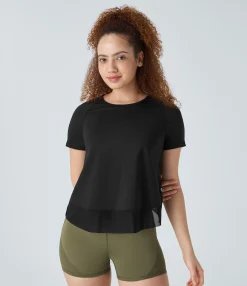 Yoga Tops|Sports Tops<HALARA Contrast Mesh Crossover Hem Yoga Sports Top