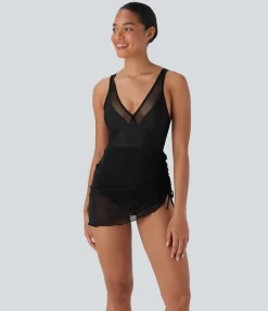 Beachwear<HALARA Contrast Mesh Drawstring One Piece Swimsuit