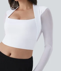Casual Tops<HALARA Contrast Mesh Long Sleeve Thumb Hole 2-in-1 Skinny Cropped Casual Top