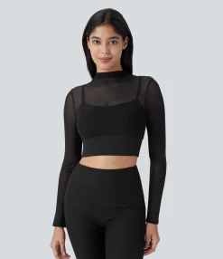 Yoga Tops|Sports Tops<HALARA Contrast Mesh Long Sleeve 2-in-1 Cropped Yoga Sports Top