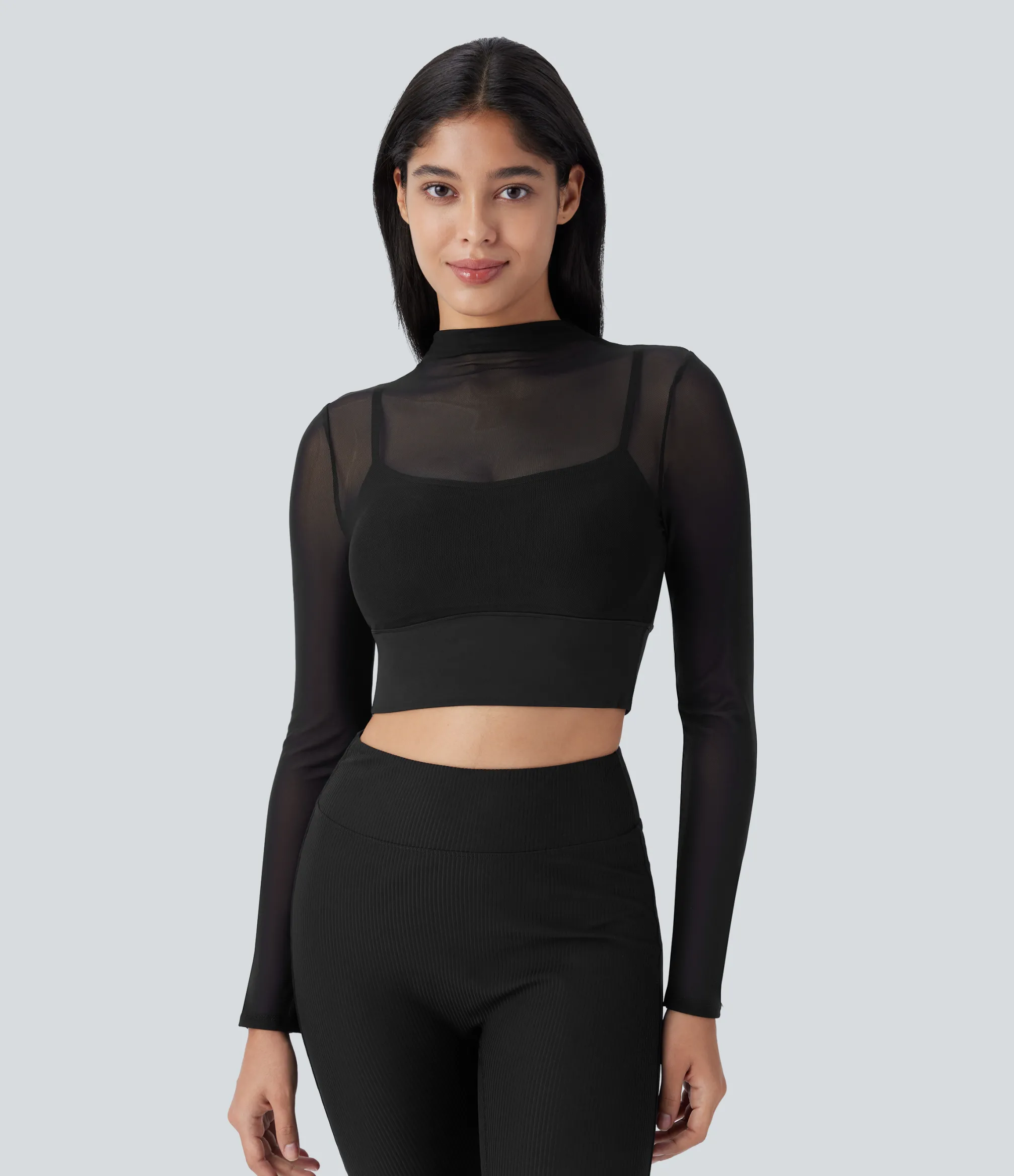 Yoga Tops|Sports Tops<HALARA Contrast Mesh Long Sleeve 2-in-1 Cropped Yoga Sports Top