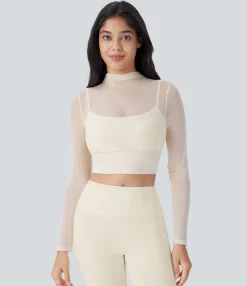 Yoga Tops|Sports Tops<HALARA Contrast Mesh Long Sleeve 2-in-1 Cropped Yoga Sports Top