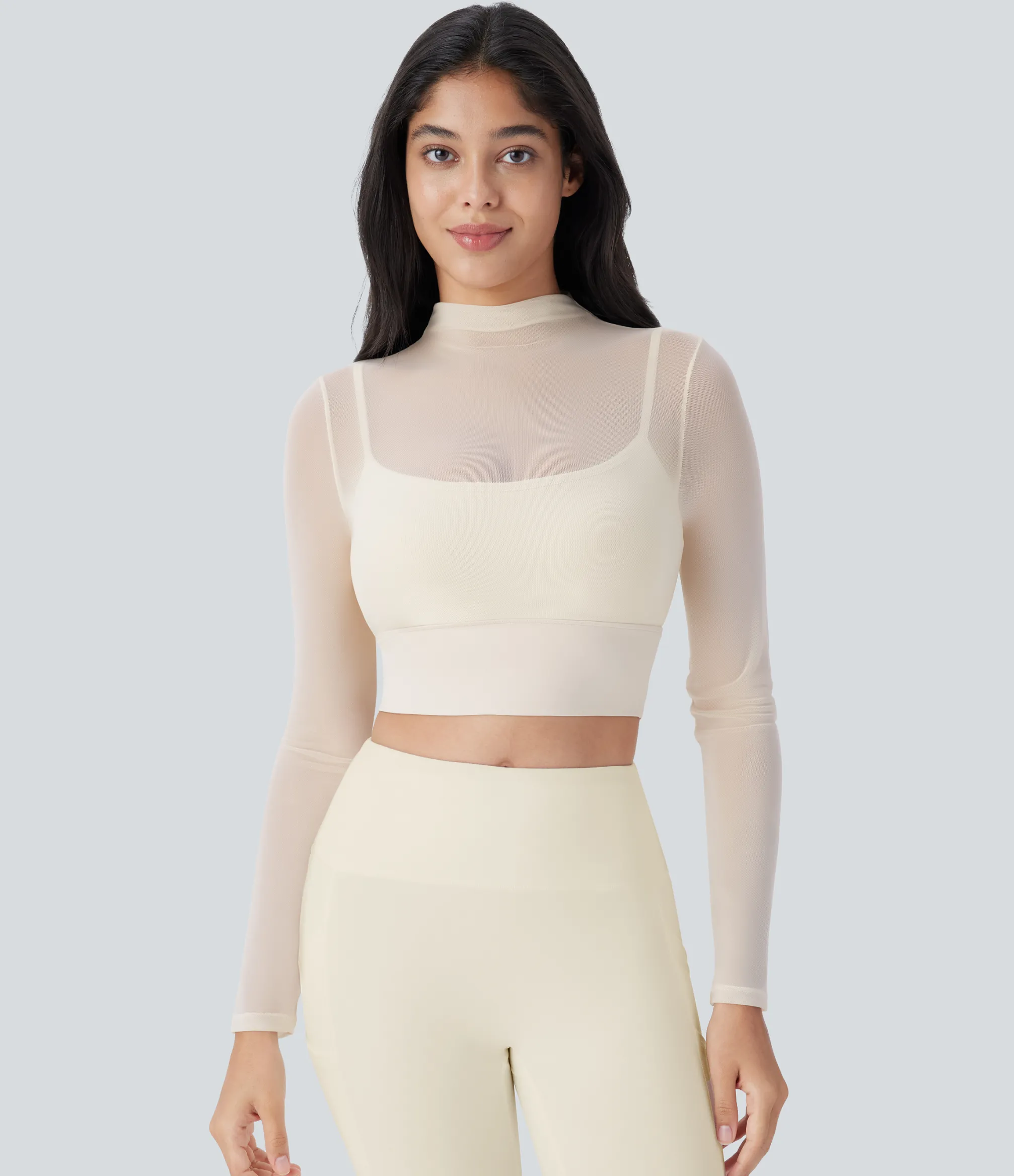Yoga Tops|Sports Tops<HALARA Contrast Mesh Long Sleeve 2-in-1 Cropped Yoga Sports Top