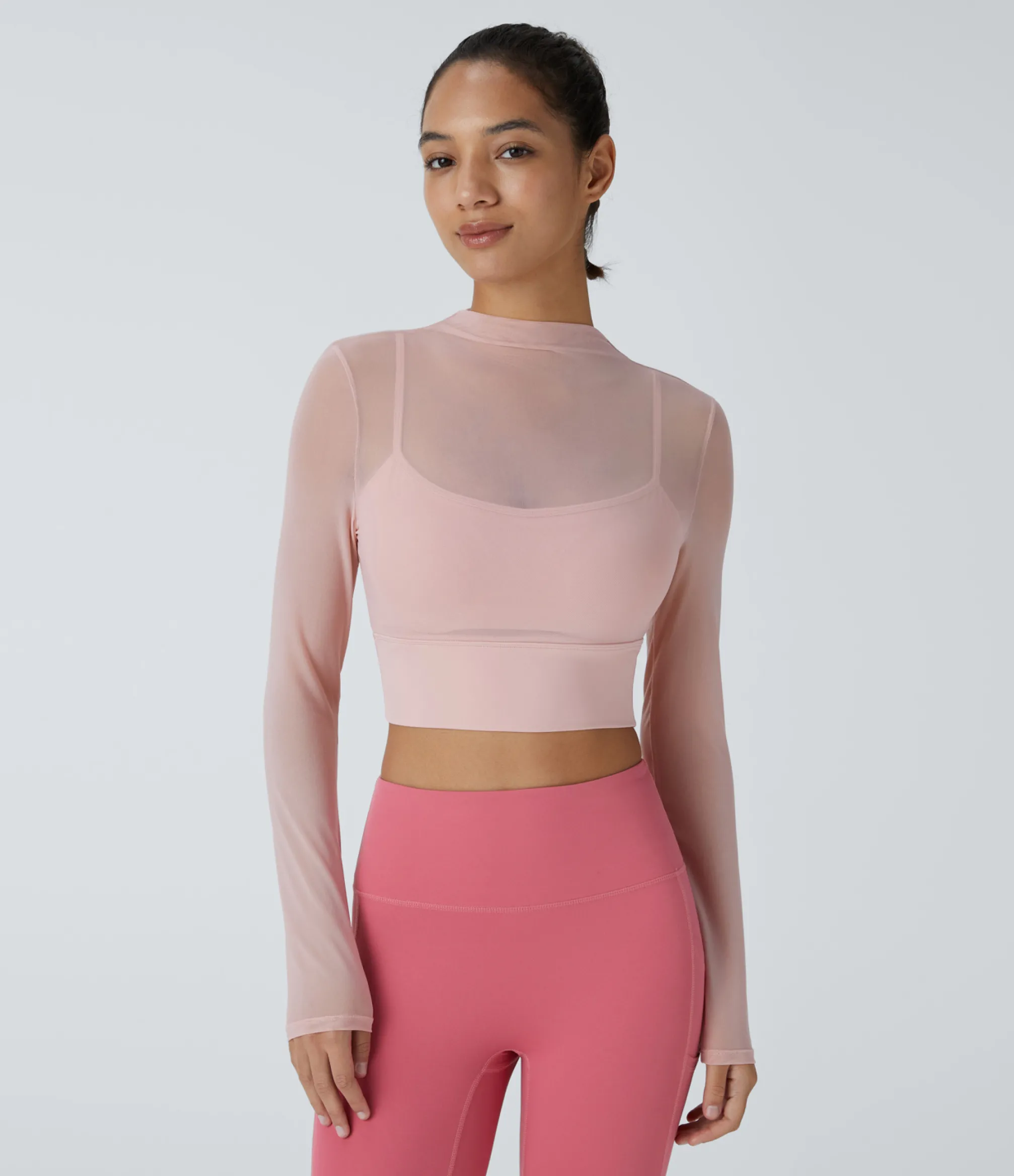 Yoga Tops|Sports Tops<HALARA Contrast Mesh Long Sleeve 2-in-1 Cropped Yoga Sports Top