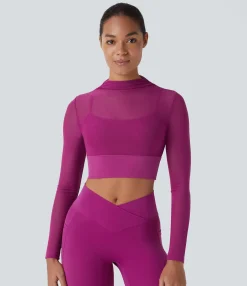Yoga Tops|Sports Tops<HALARA Contrast Mesh Long Sleeve 2-in-1 Cropped Yoga Sports Top