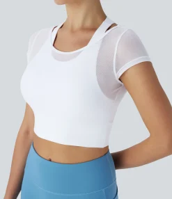 Yoga Tops|Sports Tops<HALARA Contrast Mesh Racerback 2-in-1 Cropped Yoga Sports Top