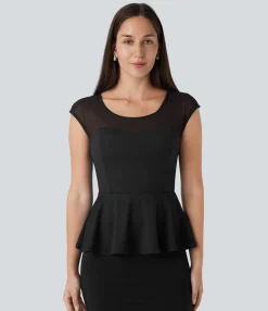 Work Tops<HALARA Contrast Mesh Slim Work Peplum Top