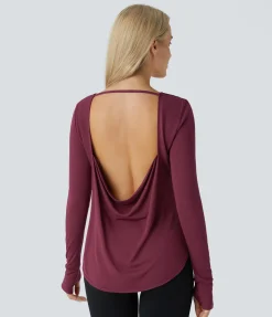 Yoga Tops|Sports Tops<HALARA Cowl Back Round Neck Thumb Hole Curved Hem Yoga Sports Top