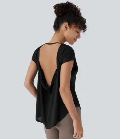 Yoga Tops|Sports Tops<HALARA Cowl Back Short Sleeve Curved Hem Yoga Sports Top