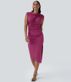 Dresses|Maxi & Midi Dresses<HALARA Cowl Neck Cap Sleeve Ruched Midi Casual Dress