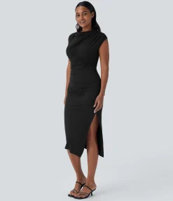 Dresses|Maxi & Midi Dresses<HALARA Cowl Neck Cap Sleeve Ruched Midi Casual Dress