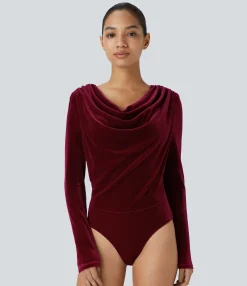 Work Tops|Bodysuits<HALARA Cowl Neck Long Sleeve Velvet Work Bodysuit