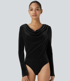 Work Tops|Bodysuits<HALARA Cowl Neck Long Sleeve Velvet Work Bodysuit