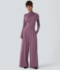 Jumpsuits<HALARA Cowl Neck Ruched Long Sleeve Pocket Wide Leg Casual Jumpsuit