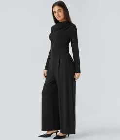 Jumpsuits<HALARA Cowl Neck Ruched Long Sleeve Pocket Wide Leg Casual Jumpsuit Black