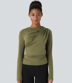 Work Tops<HALARA Cowl Neck Ruched Long Sleeve Slim Work Top