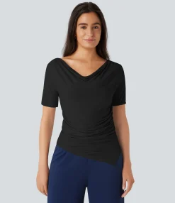 Work Tops<HALARA Cowl Neck Short Sleeve Ruched Asymmetric Hem Work Top