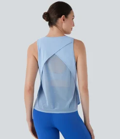 Sports Tops|Sports Tops<HALARA Crossover Contrast Mesh Yoga Sports Top