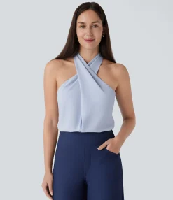 Work Tops|Tank Tops & Camis<HALARA Crossover Halter Back Work Linen-Feel Tank Top