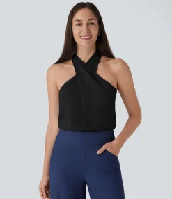 Work Tops|Tank Tops & Camis<HALARA Crossover Halter Back Work Linen-Feel Tank Top