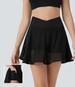 Mini Skirts|Skirts<HALARA Crossover High Waisted 2-in-1 Pocket Perforated Flare Mini Yoga Skirt