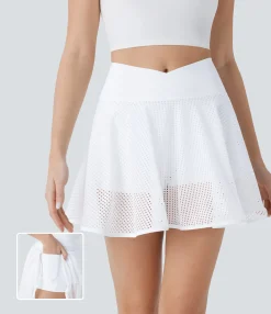 Mini Skirts|Skirts<HALARA Crossover High Waisted 2-in-1 Pocket Perforated Flare Mini Yoga Skirt