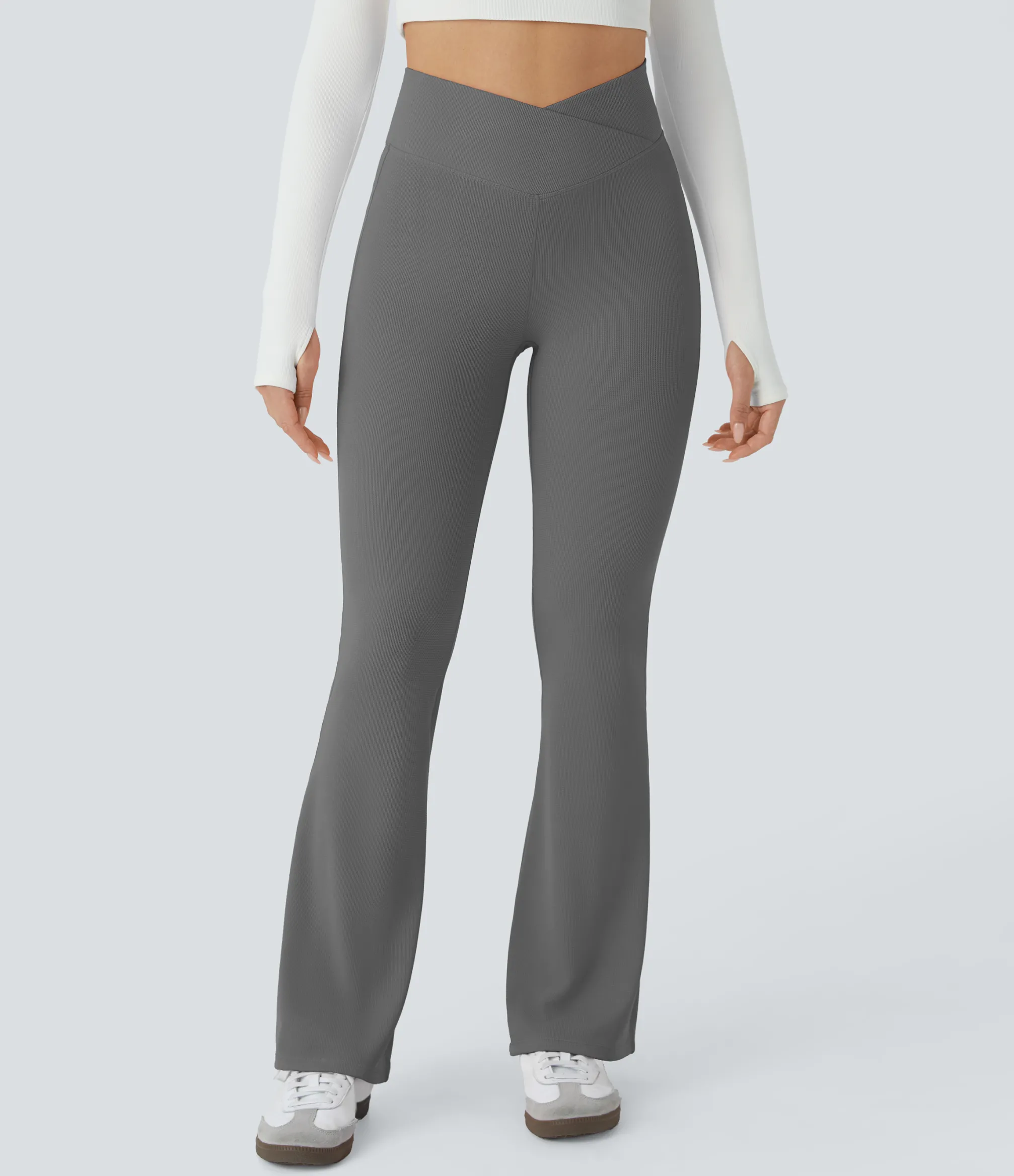 High-Waisted Pants|Skinny Pants<HALARA Crossover High Waisted Pocket Waffle Casual Flare Pants