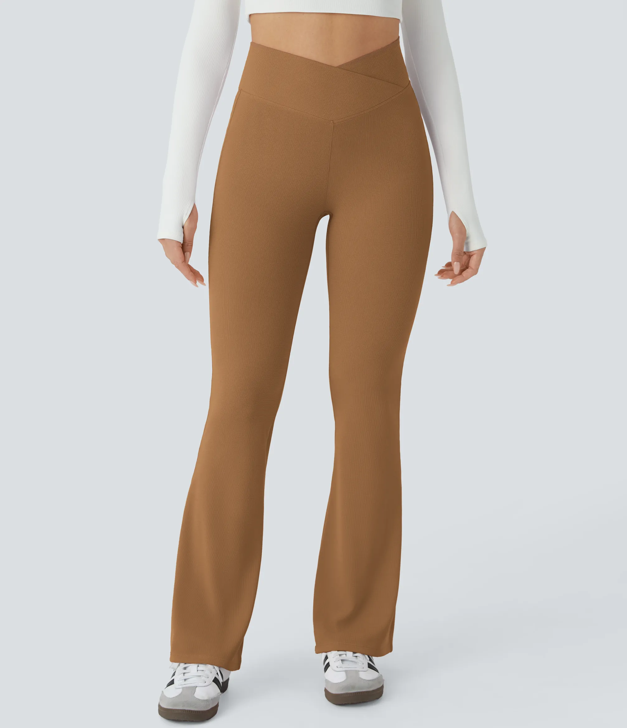 High-Waisted Pants|Skinny Pants<HALARA Crossover High Waisted Pocket Waffle Casual Flare Pants