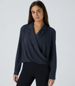 Work Tops|Shirts Blouses<HALARA Crossover Long Sleeve Work Shirt