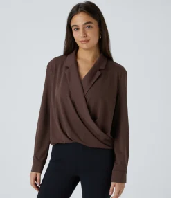 Work Tops|Shirts Blouses<HALARA Crossover Long Sleeve Work Shirt