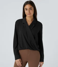 Work Tops|Shirts Blouses<HALARA Crossover Long Sleeve Work Shirt