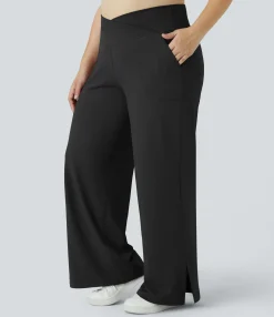 Plus Size<HALARA Crossover Pocket Hem Plus Size Wide Leg Yoga Pants-Smile