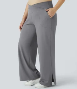 Plus Size<HALARA Crossover Pocket Hem Plus Size Wide Leg Yoga Pants-Smile