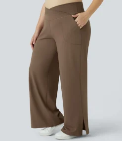 Plus Size<HALARA Crossover Pocket Hem Plus Size Wide Leg Yoga Pants-Smile